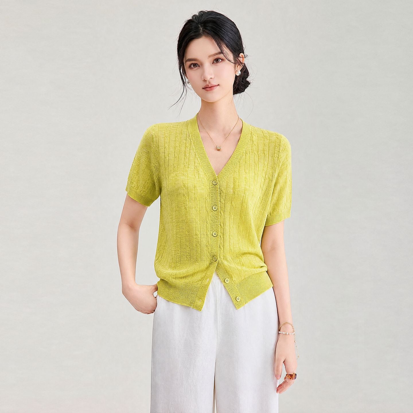 Summer Women's V-neck Open Cardigan Short Sleeve T-shirt Hollow out Thin Lenzing Lyocell Pure Color Knitted Top