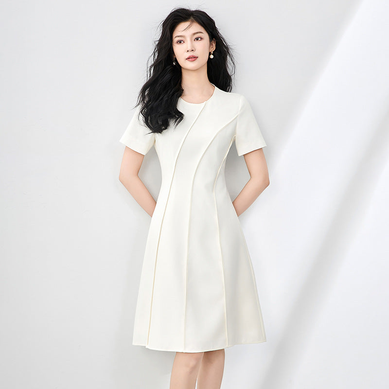 Elegant Pink A-Line Dress Women's Short Sleeve Slim Fit Summer High Waist Zipper Closure Casual round Neck Dress