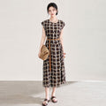 100% Mulberry Silk Geometric Print Midi Dress Elegant A-Line Silken Gown with Waist-Cinching Design for Casual And Daily Wear