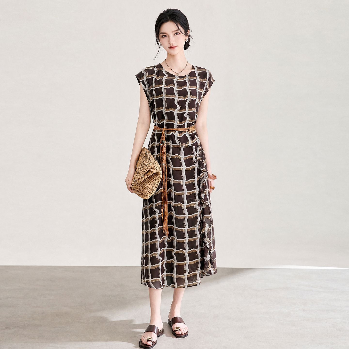 100% Mulberry Silk Geometric Print Midi Dress Elegant A-Line Silken Gown with Waist-Cinching Design for Casual And Daily Wear