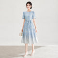 Fashionable Summer French Luxury Embroidered Print Midi Dress High Waist A-Line Skirt Short Sleeve round Neck Dress