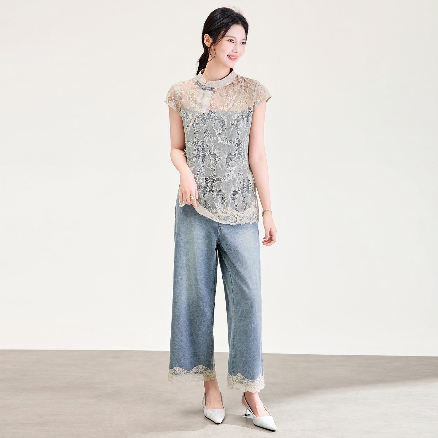 Loose Fit Slimming Short Sleeve Stand Collar Shirt Women's Summer Fashionable Versatile Cotton Blend Top