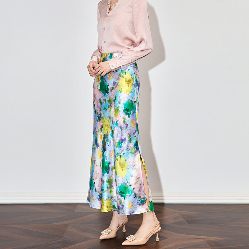 Women Luxury Pastel Floral Satin Long Skirts 2026 Spring Summer High Waist Elegant Chic Faldas