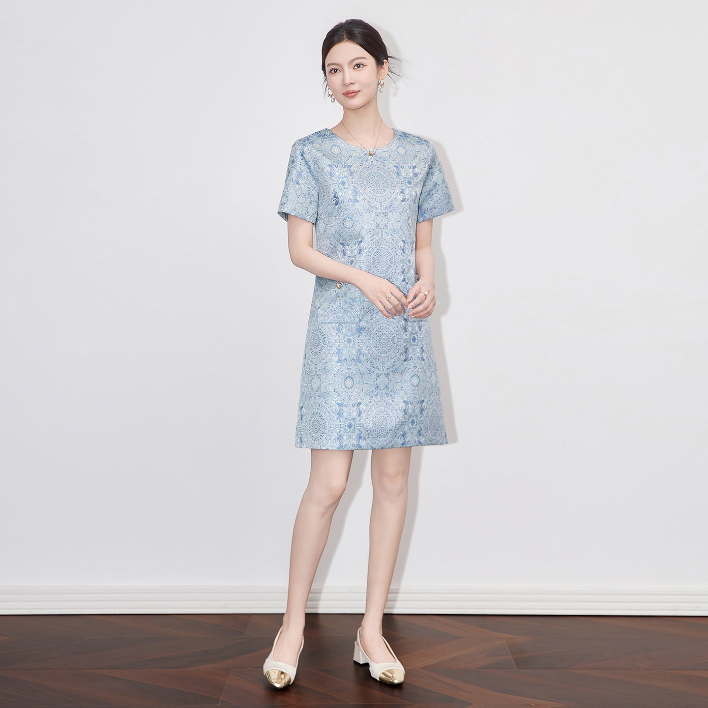 Elegant Butterfly Embossed Floral Dress Anti-Aging Short Sleeve Midi A- Line Skirt Polyester Fiber Zipper Closure Summer