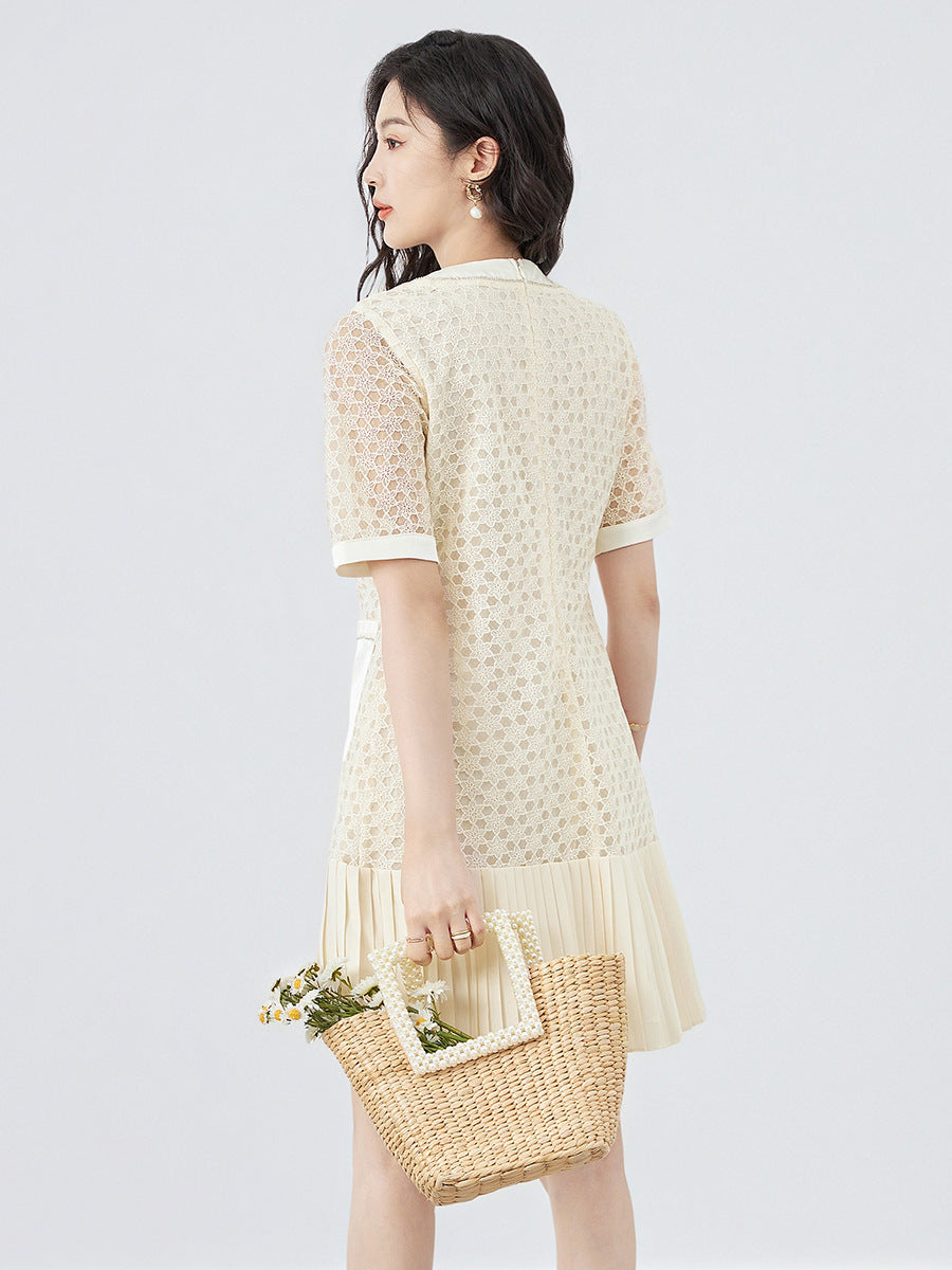 Elegant OL Style Mini Dress Summer Clothing Women Short Sleeve O-Neck Hem Patchwork Tweed Dresses Party Club Slim Dress