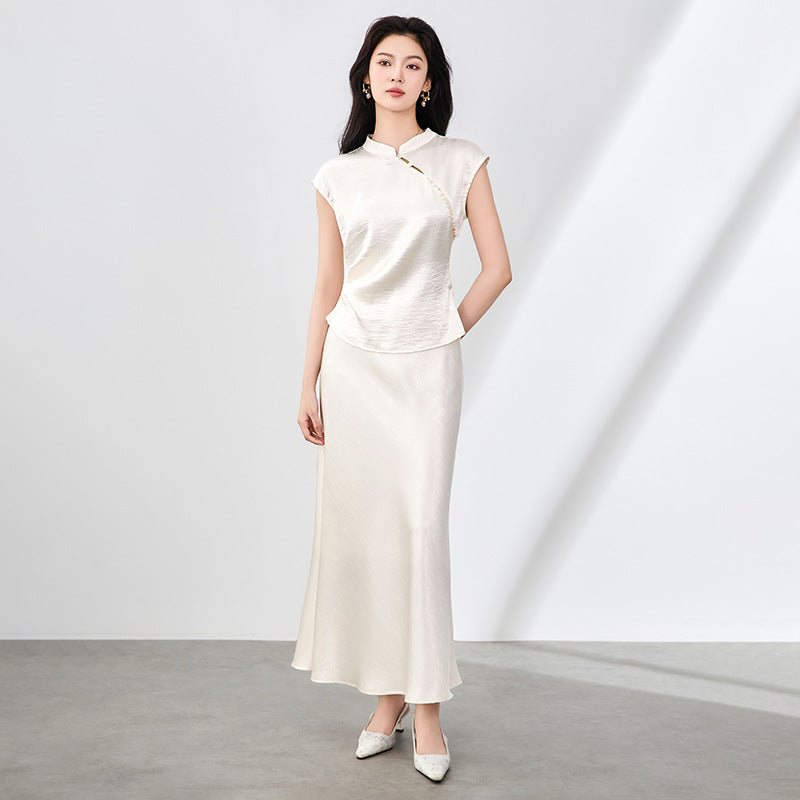 Women's Chinese Style A-Line Dress 2026 Summer New Frog Button Stand Collar Jacquard Satin Ruched Waist Maxi Dress