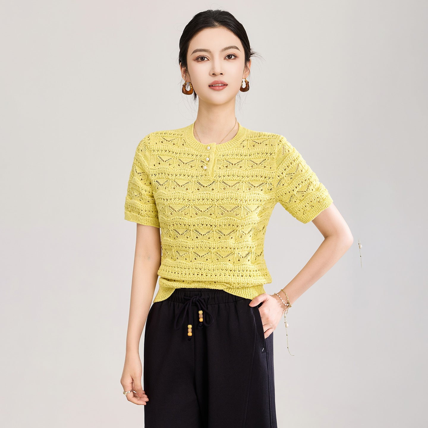 Lightweight Wool Knitted Short Sleeve T-Shirt Hollow out Print Fresh Style Women's Crew Neck Top Quality Material Comfortable