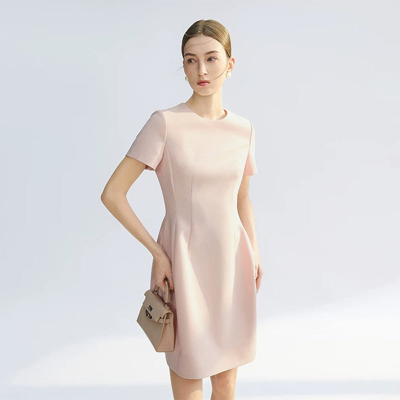 Summer New Style Women's Simple Waist-Cinching Short Sleeve Dress French High Fashion Sensation Slimming Elegant Midi Dress