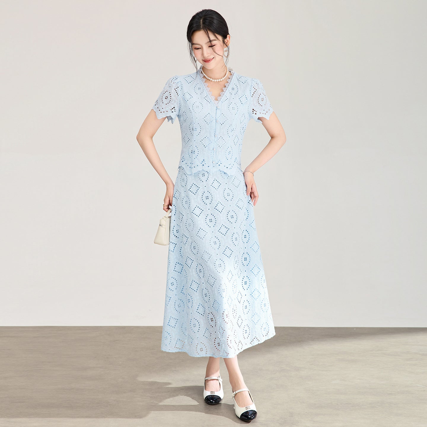 French Elegant Fashion Socialite V-Neck Short Sleeve Lace Shirts High Waist A-line Long Skirts Two-piece Sets Women Summer