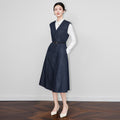 Luxury Denim V-Neck Sleeveless Midi Dress Cotton Linen Blend Slim Fit A Line Vestidos Elegant Dress