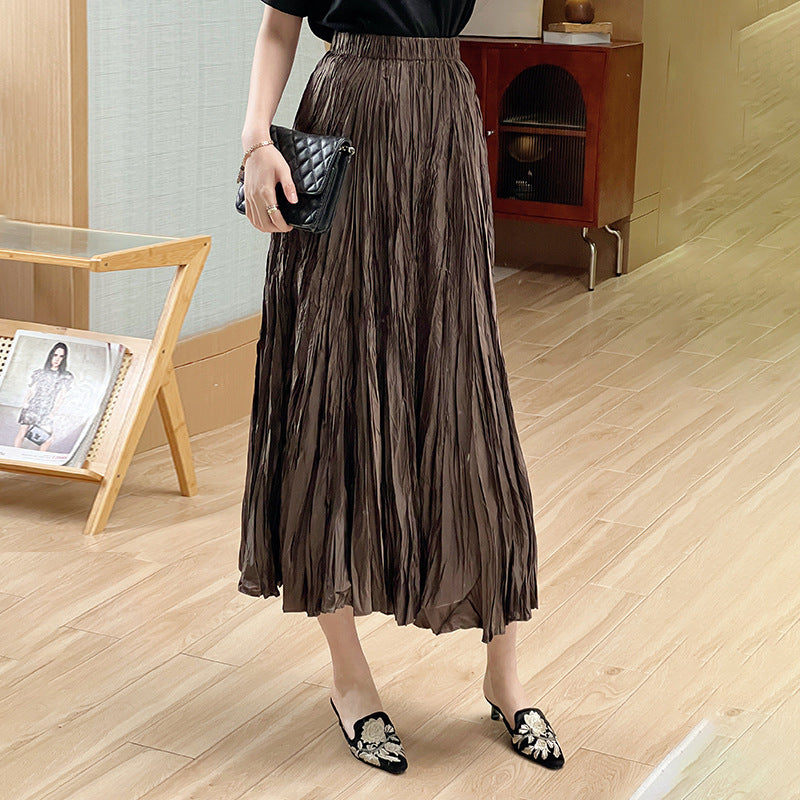 Ruched Pleated Long Skirts for Women 2025 Summer Fashion Ladies High Waist Elastic Casual Dance Skirt A-Line Big Swing