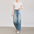 Women High Waist Flare Jeans Classic Casual Straight Office Light Blue Wash Denim Wide Leg Jeans