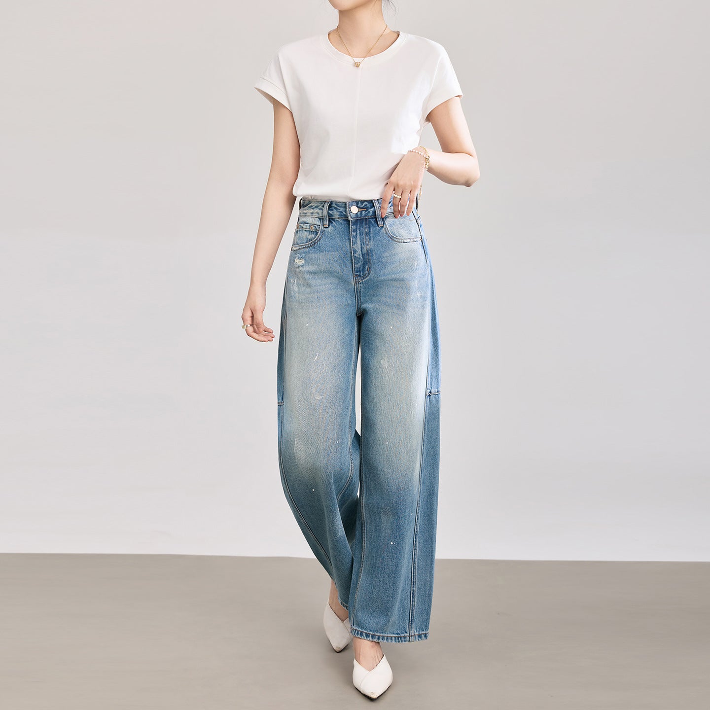 Women High Waist Flare Jeans Classic Casual Straight Office Light Blue Wash Denim Wide Leg Jeans