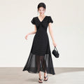 V-neck Lace Patchwork Dress for Women's Summer New Style with Polka Dot Temperament, Waist Cinching and Slimming Long Skirt