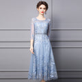 Elegant Embroidered Tulle Slimming Dress Light Luxury Spring New Style Knee-Length Empire Waist Skirt Regular Sleeve Women's Dreer