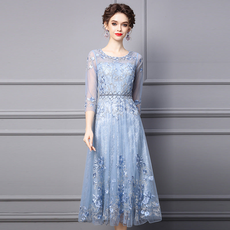 Elegant Embroidered Tulle Slimming Dress Light Luxury Spring New Style Knee-Length Empire Waist Skirt Regular Sleeve Women's Dreer