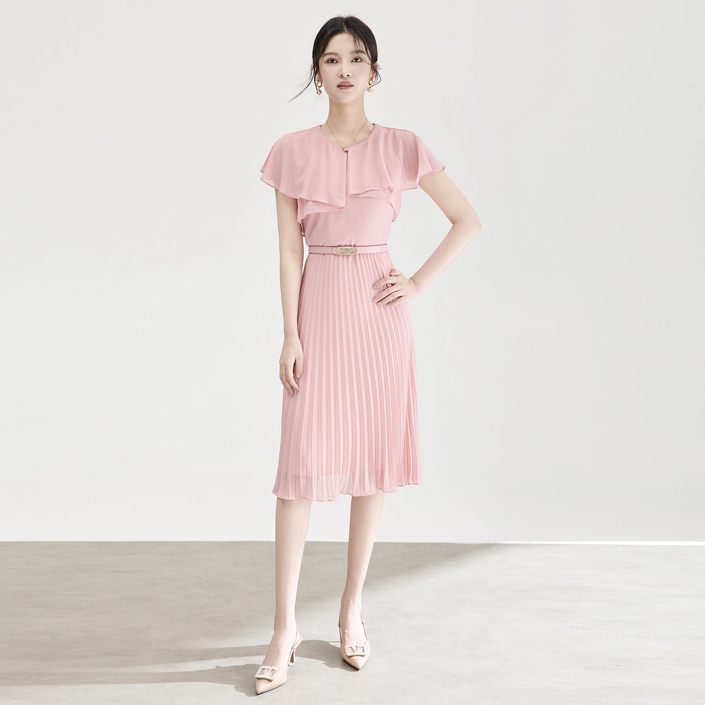 New Summer Women's Chiffon Maxi Dress Crew Neck Capelet Sleeve A Line Elegant Casual Dress