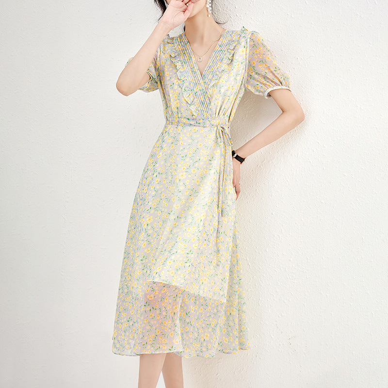 2026 Summer Women Ruffled Short-sleeved Chiffon Dress V-neck High Waist Floral Print Beach Midi Dresses Backless Sexy Vestidos
