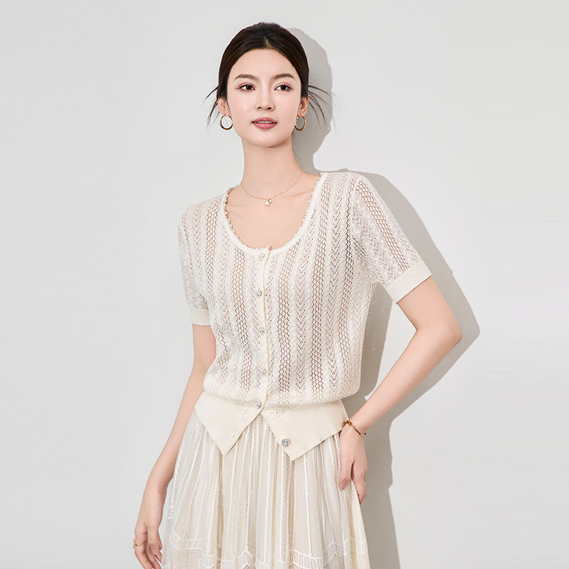 New Spring Summer Ladies Pit Striped Cardigan Petal Sleeve Round Neck Ladies Slim Tops Single-Breasted Knit Sweater