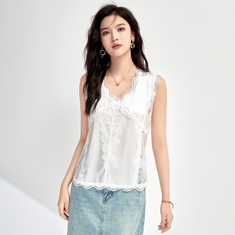 Lace Splice Slim Fit Vest Sleeveless Women's Basic Style Polyester Fiber Commute Style Mid Stretch Elegant