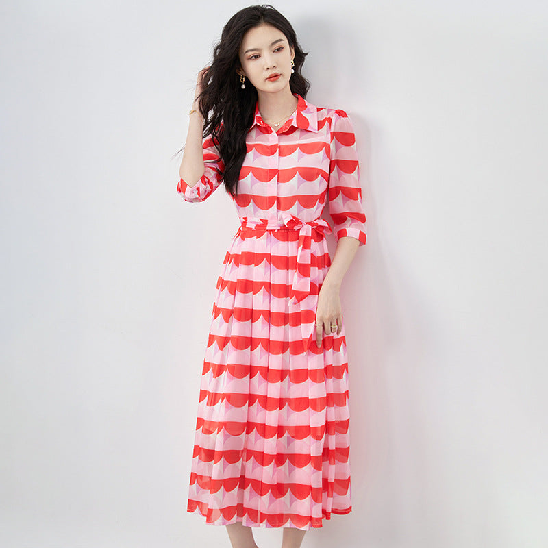 100% Real Silk Women's Summer Dress V-neck Three Quarter Sleeve Elegant Dresses For Women Plaid Print Woman Long Dress A-line