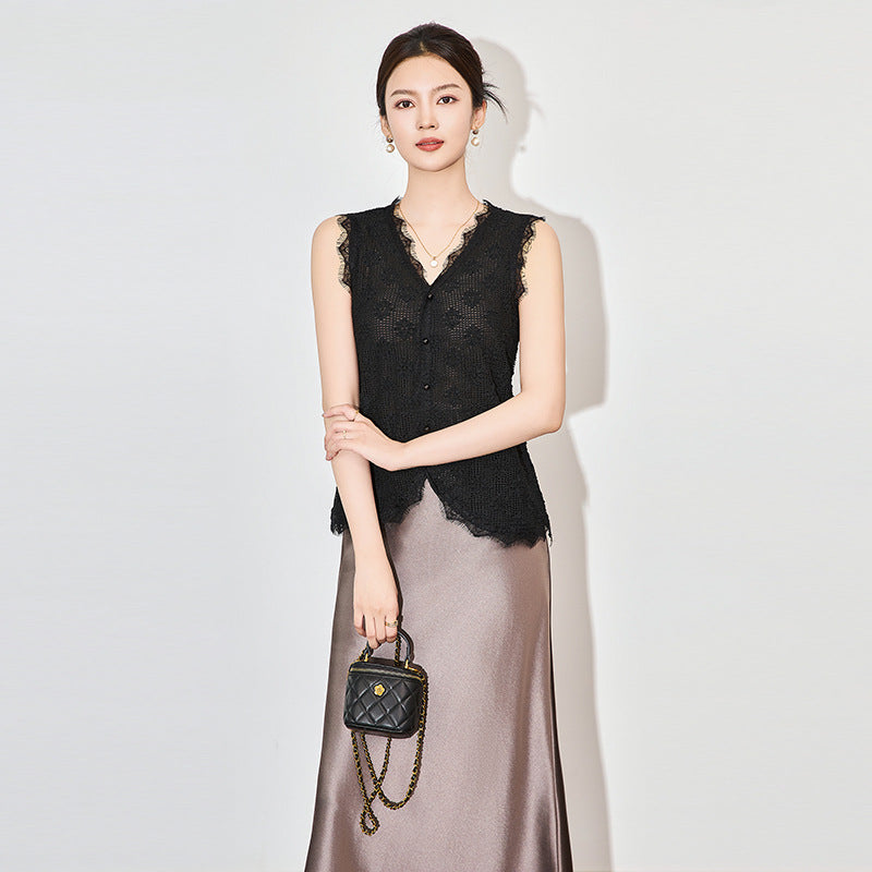 Elegant Fashionable Slim Fit Lace Vest Top Women's Style 3D Embroidery Breathable Comfortable Polyester Fabric Casual Elegant