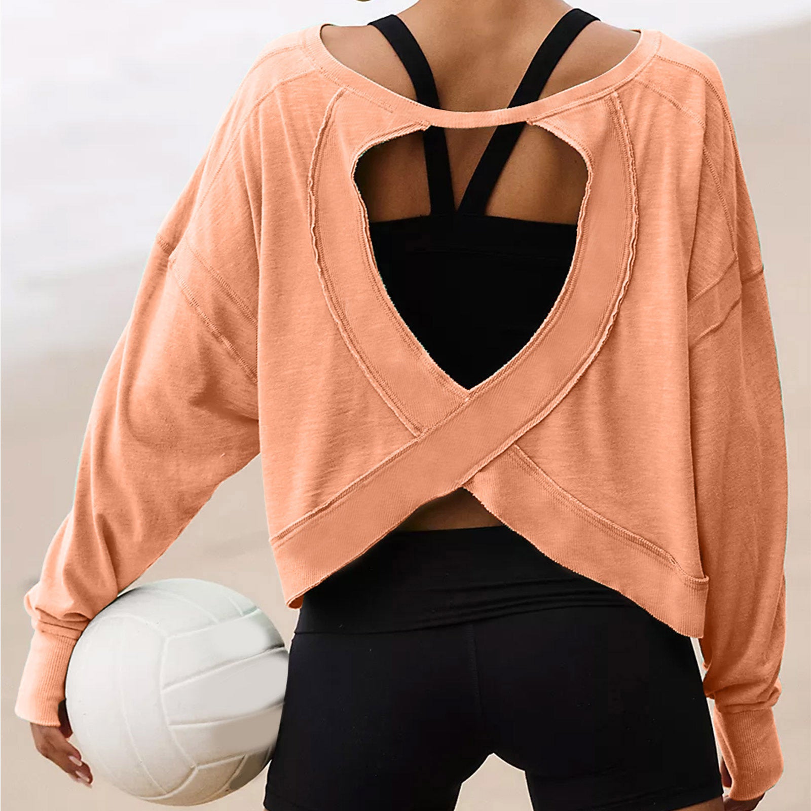 Women's T-shirt Spring Summer O-Neck Loose Long-sleeved Backless Hollow Out Personality Casual Tshirt Sports Tops