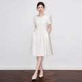 French Style Embroidered Beaded Dress Heavy Relief Millennial Princess Wind A- Line Midi Skirt Short Sleeve round Neck