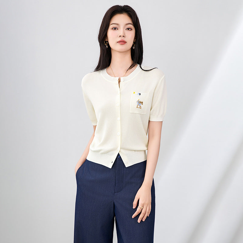Spring and Autumn New Women's Knitted Cardigan Round Neck Wool Blend Gentle Versatile Top