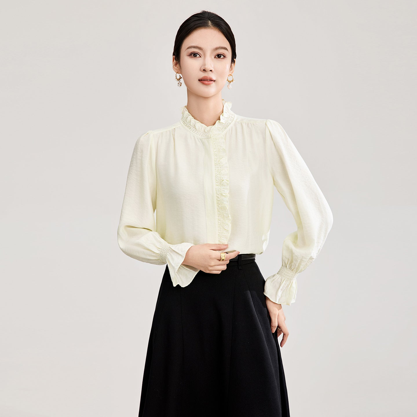 Romantic Wooden Collar Loose Women's Cotton Shirt Versatile Spring Fashion French Style Breathable Long Sleeve Top