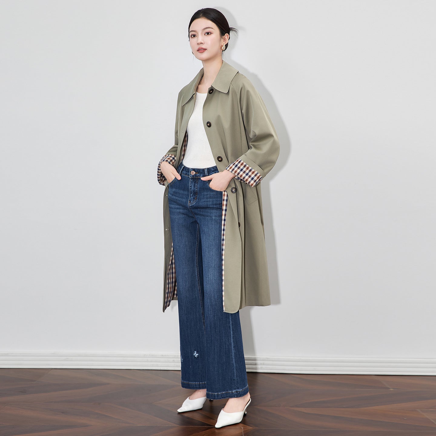 Long Loose Coat with Collar Plaid Splicing British Style Women's Elegant Fashion Windbreaker Outerwear Cotton Viscose Blend