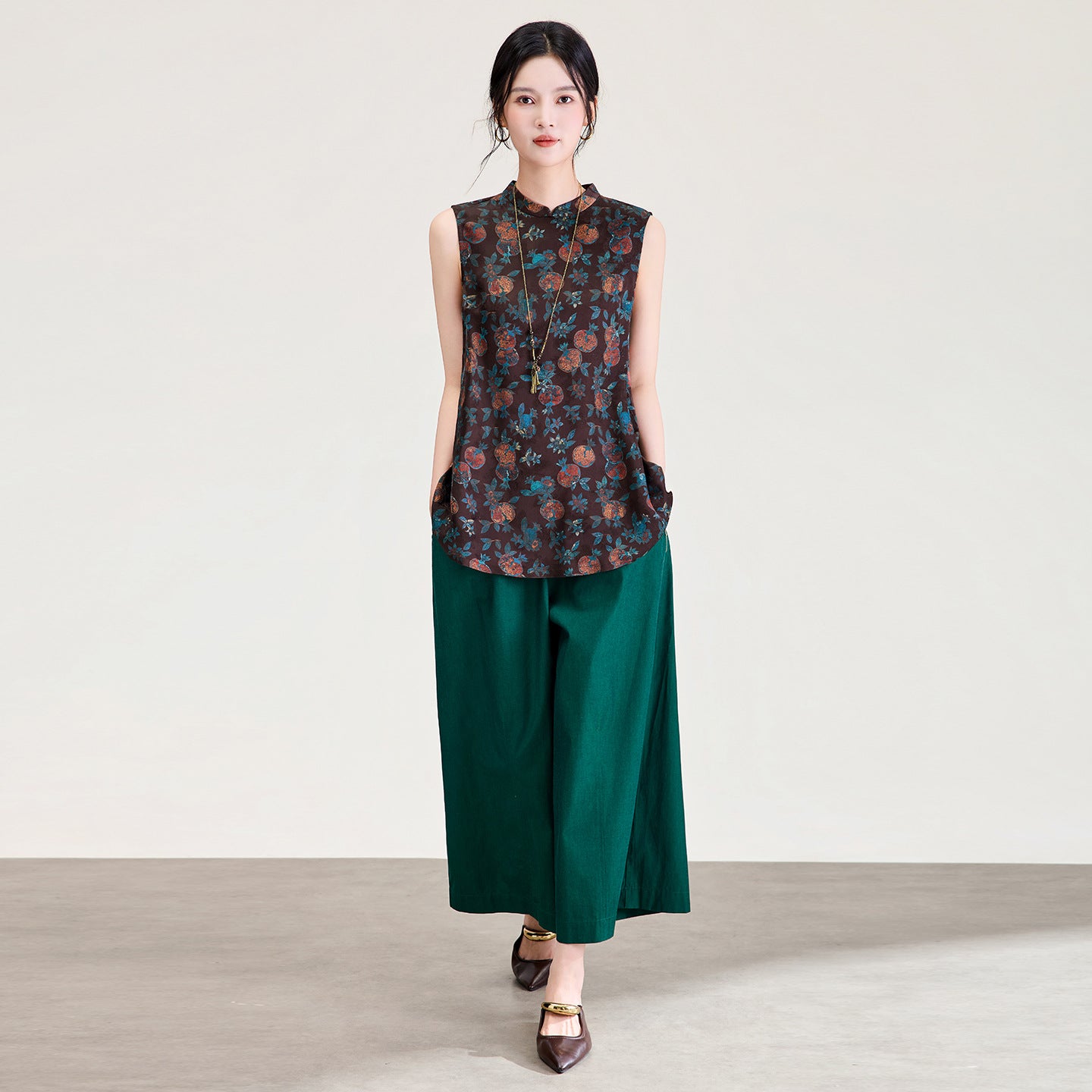 Shirt Women's Retro Button Printed Flower Split Sleeveless Vest Top Butt Covering Summer Commute Style