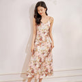 French Style Acetate Satin Floral Print V-Neck High Waist Slimming Long Dress Knee-Length Strapless Empire Waist Gown