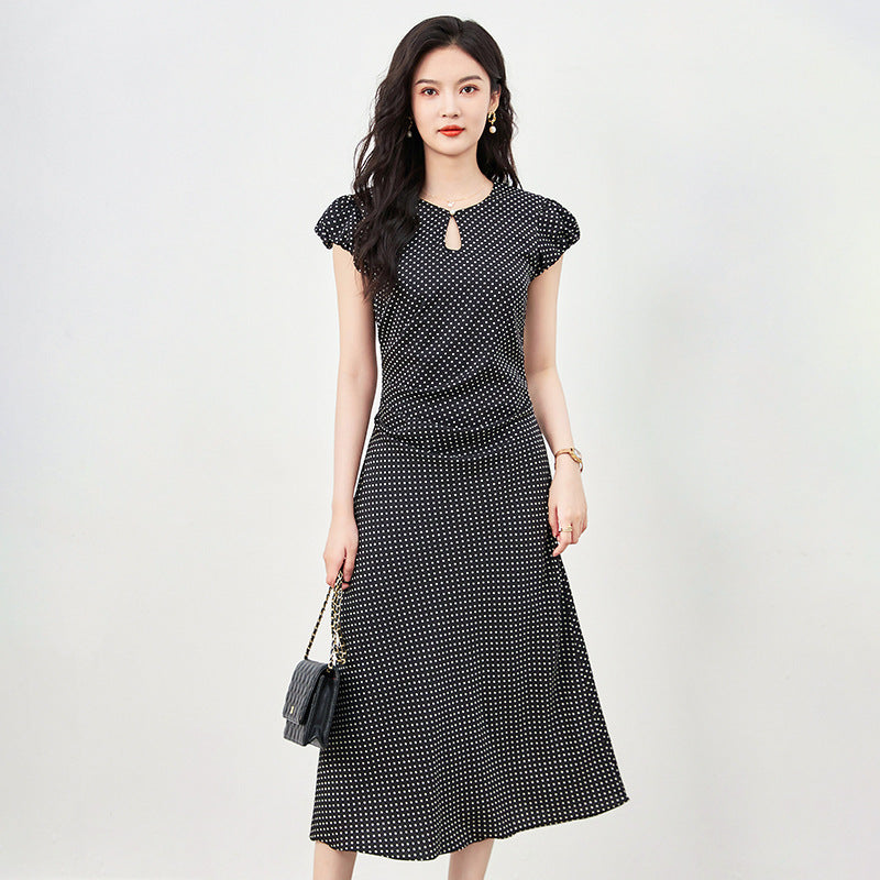French Lace Trim V Neck Polka Dot Dresses Women Short Sleeve A-line Midi Elegant Summer Dress Pretty Girl Holiday Robe