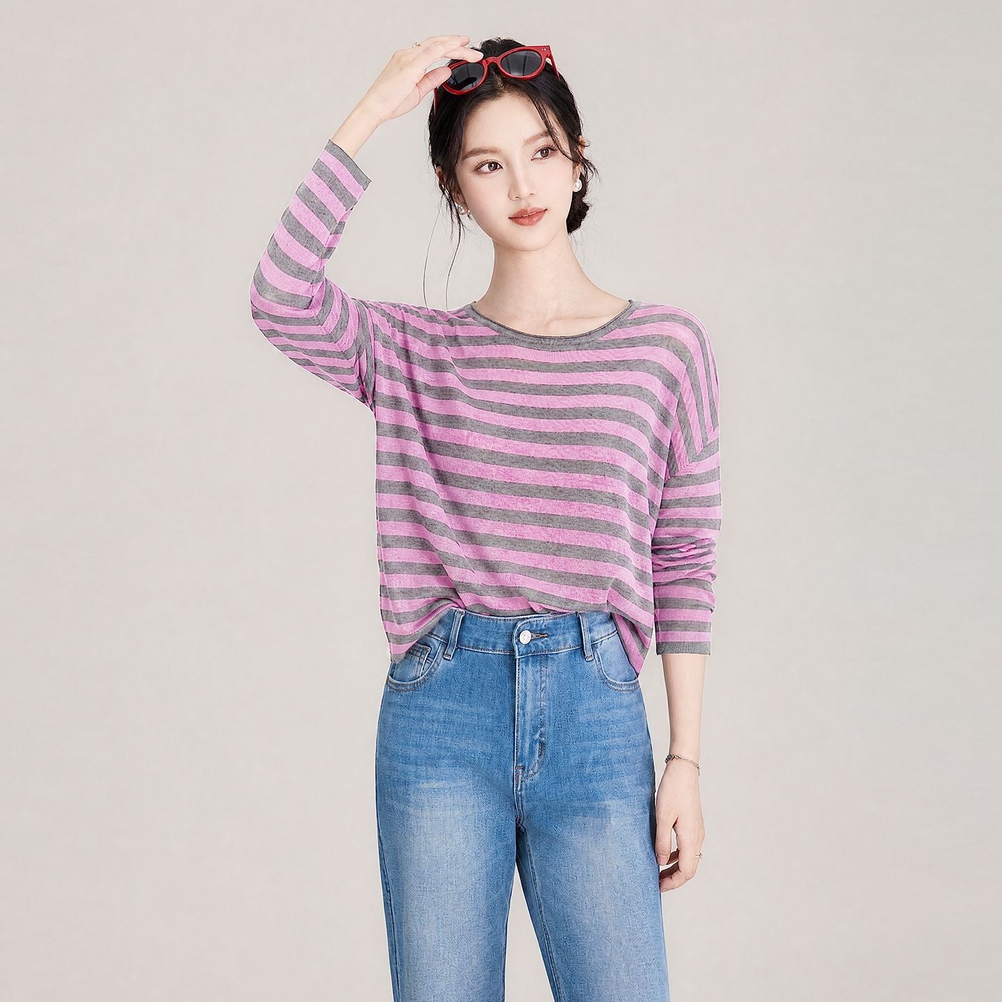 Fashionable Striped Knitted Top Women's Clothing Style Spring Summer New Arrival Breathable Polyester Loose Fit round Neck