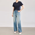 Retro Blue Wide Leg Denim Jeans Women's Small Size Straight Loose Spring New Worn out Floor-Length Pants High Waist Cotton Soft