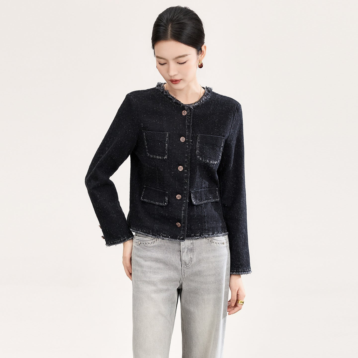 Women's Oversized Denim Jacket Blue Button Front Open Cardigan Fashionable Frayed Luxury Style Long Sleeve Top