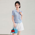 Knitted Short Sleeve T-Shirt Women Summer Short Style V-Neck Oversize Fit Casual Elegant Fashion Top