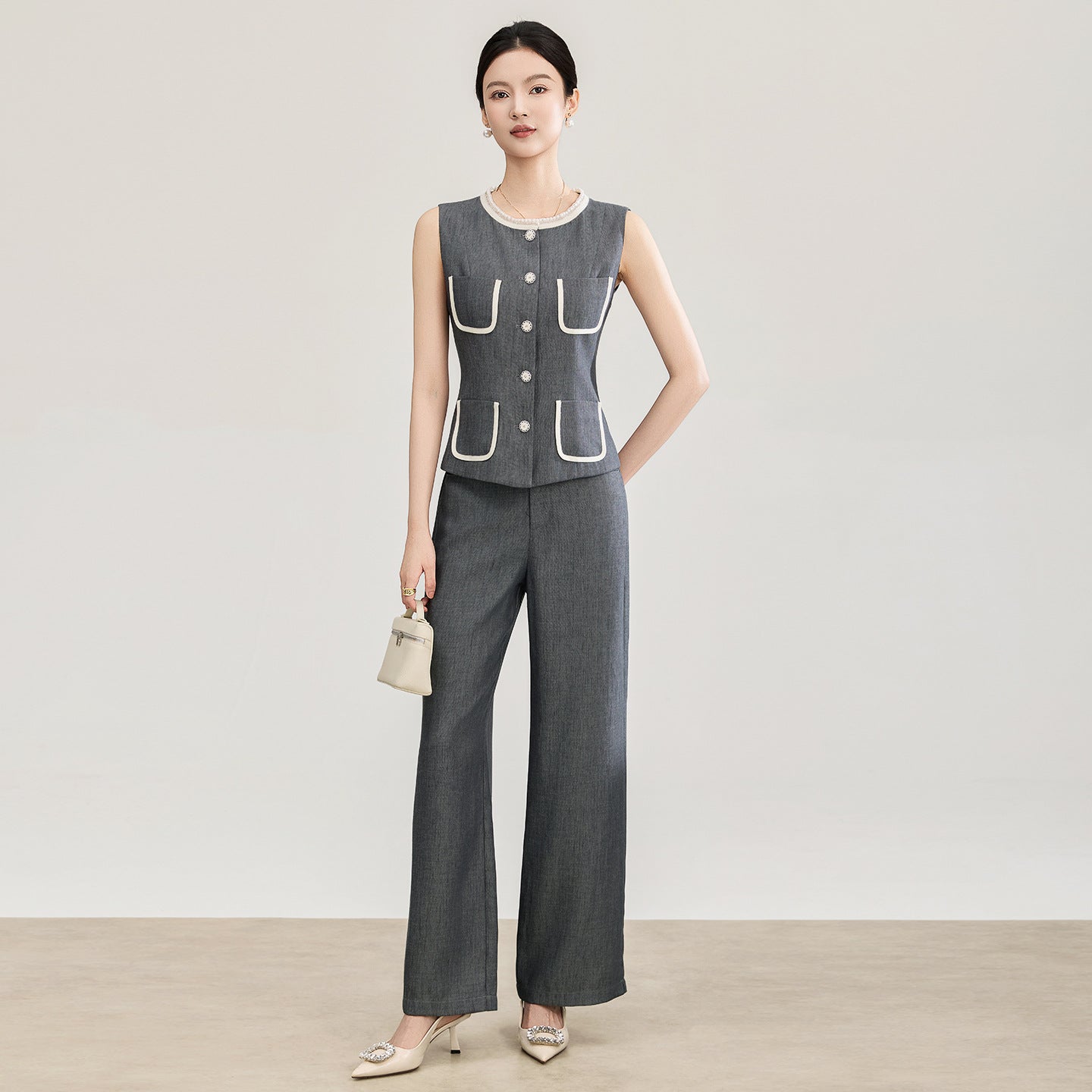 Elegant Women's Knitted Tweed Suit Single-Breasted Sleeveless Vest Top or High-Waisted Straight-Leg Pants Autumn Winter New
