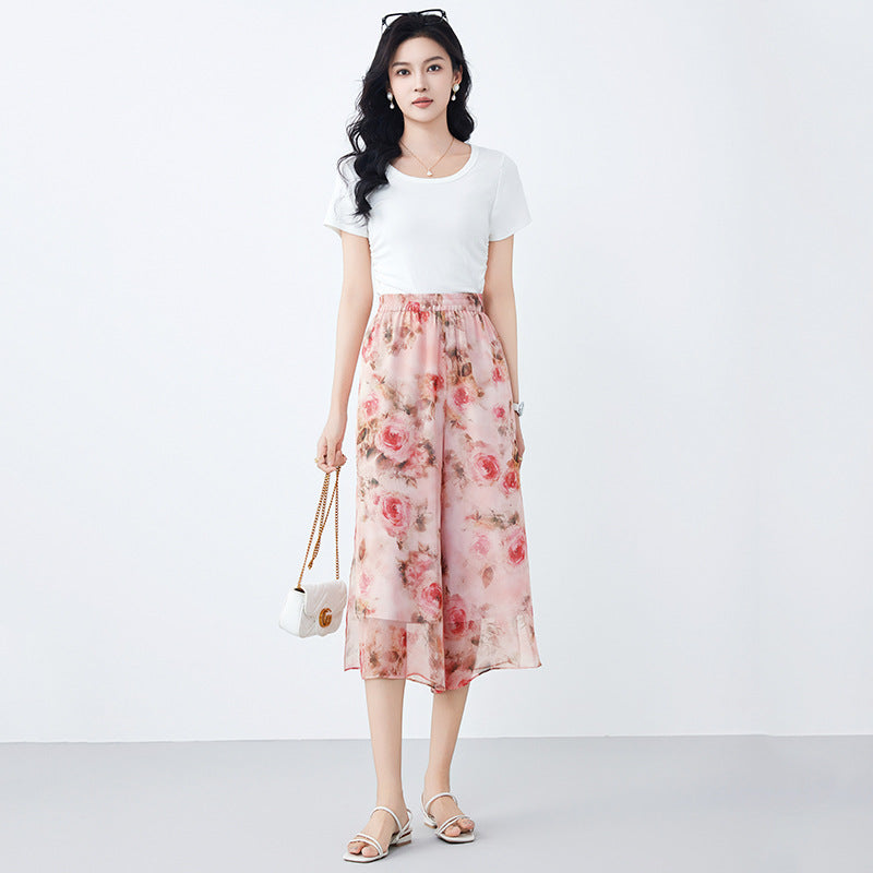 Elegant 100% Real Mulberry Silk Pants Woman Clothes 2026 Summer Satin Wide Leg Pants Calf-length Holiday Floral Pants