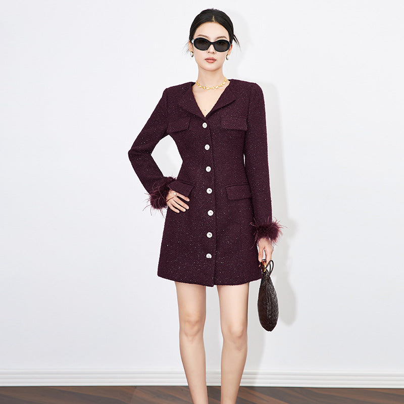 New Elegant Fashion Slim Fit V-neck Bird Feather Splicing Dress Women's High-End Customized Mid-length A- line Skirt Polyester