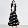 Elegant French Vintage Polka Dot Women's Dress Slimming Waist A- Line Midi Skirt without Sleeve Polo Collar Polyester Blend