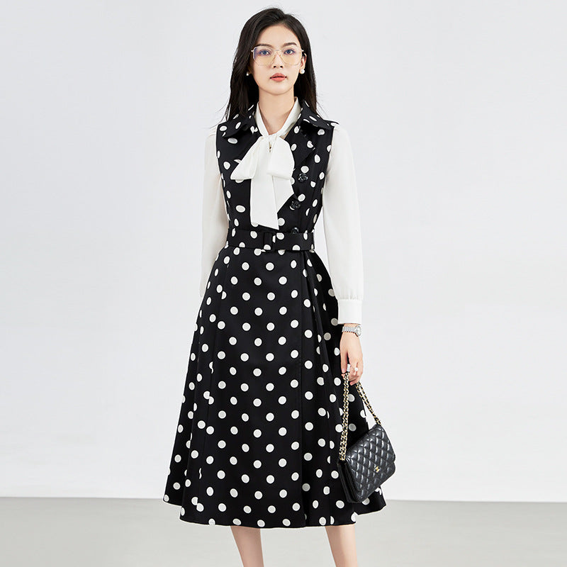Elegant French Vintage Polka Dot Women's Dress Slimming Waist A- Line Midi Skirt without Sleeve Polo Collar Polyester Blend