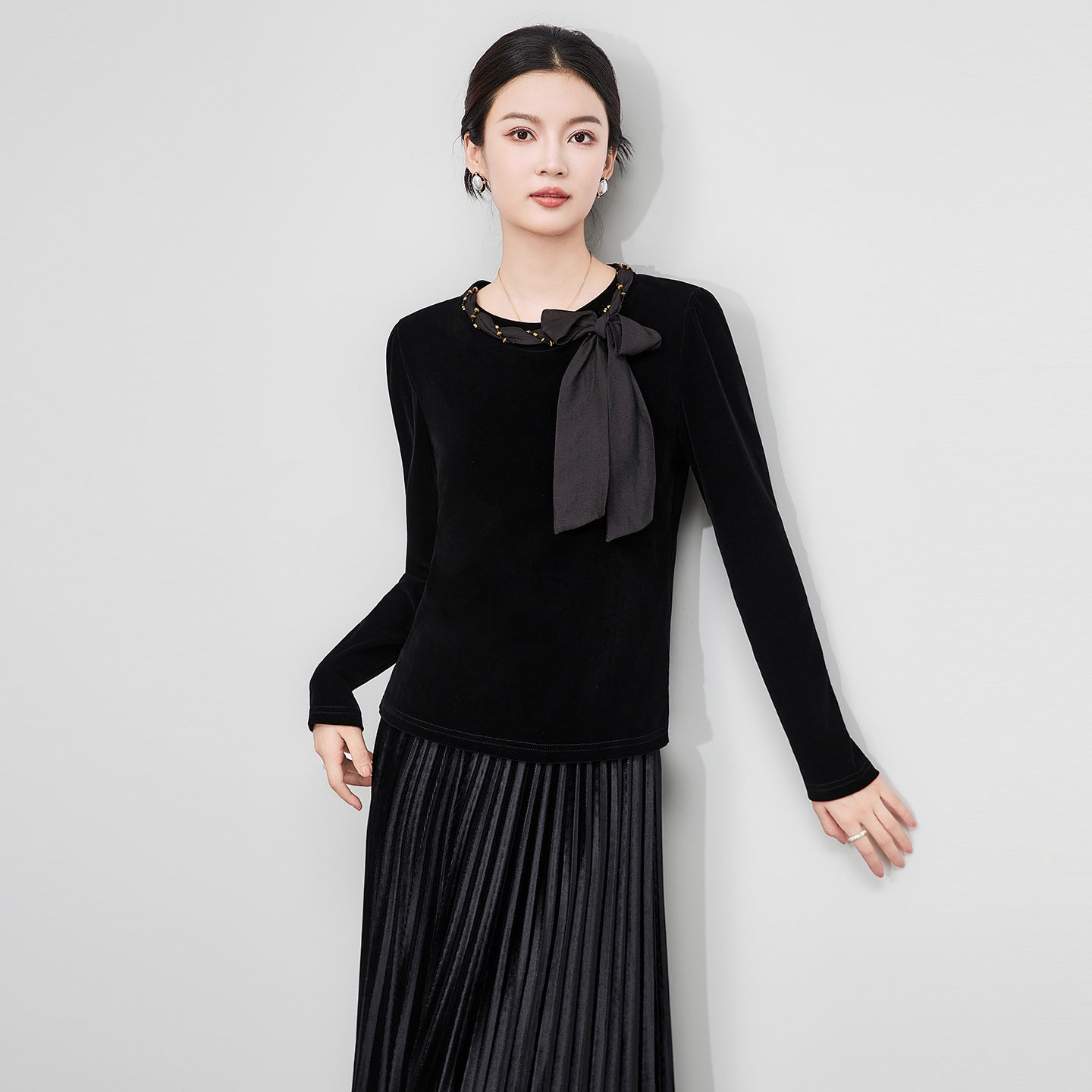 Bow Lacing Black Vintage Blouse Spring Autumn New Long Sleeve All-match Youth Office Shirt Tops Casual Women Clothing