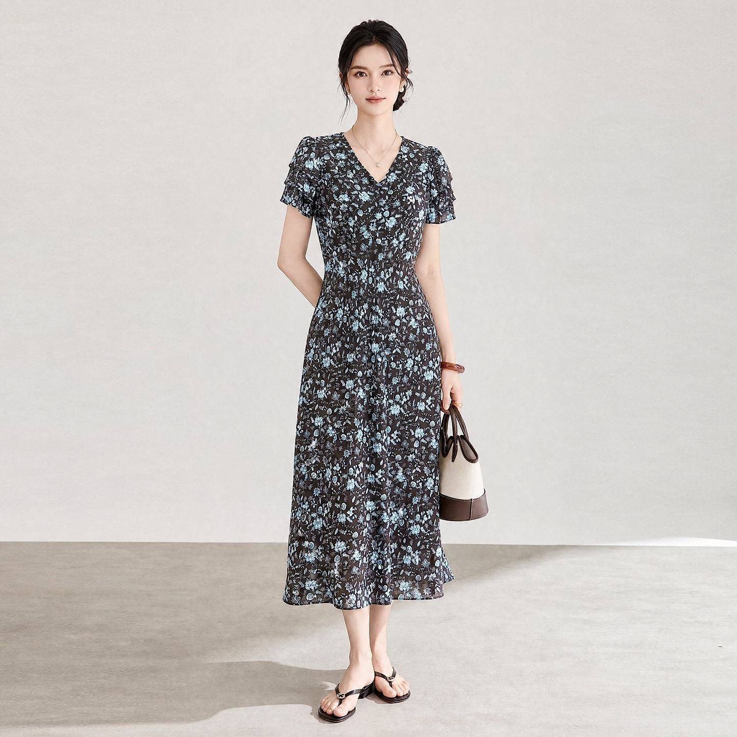 French Style Tea Break Floral Print Chiffon Dress V-Neck Slimming Waist Short Sleeve Midi A-Line Skirt Casual Vintage Dress