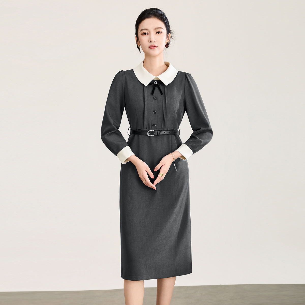 Elegant Vintage French Style Long Sleeve Wrap Waist Dress College Style Slimming Midi Hepburn Style Fake Two-Piece Dress