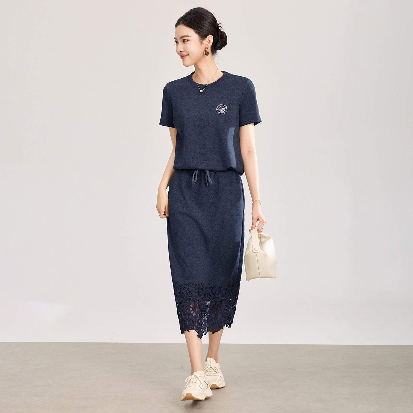 Casual Lace Splicing Loose Midi Skirt Women's Set round Neck Comfortable Atmosphere plus Size Space Cotton Blend Elegant