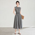 Elegant Vintage Black White Checkered Sleeveless Dress High Waist Belted Slimming Gentlewoman Long Dress for Women