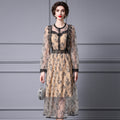 Elegant Lace Patchwork Midi Dress Slim Fit Cross-Border Women's Fashion See-through Plant Floral Polyester Long Sleeve round.