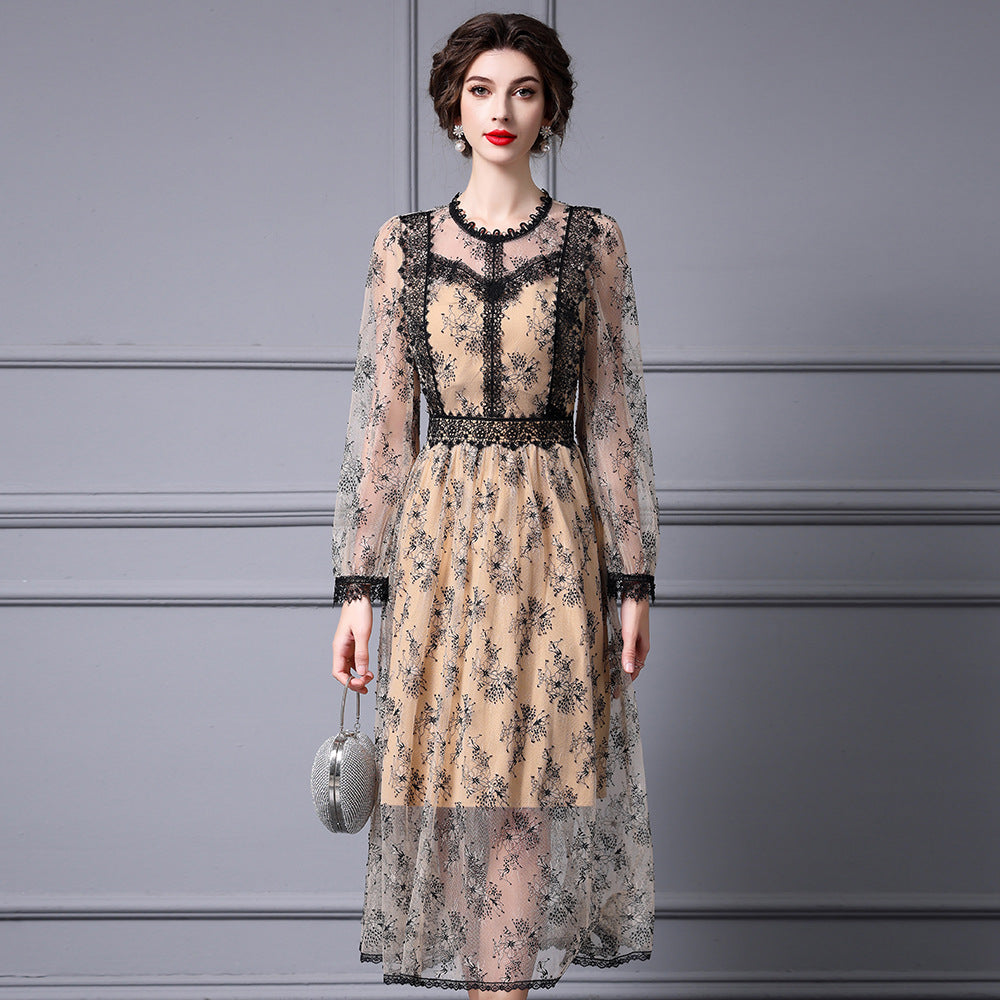 Elegant Lace Patchwork Midi Dress Slim Fit Cross-Border Women's Fashion See-through Plant Floral Polyester Long Sleeve round.